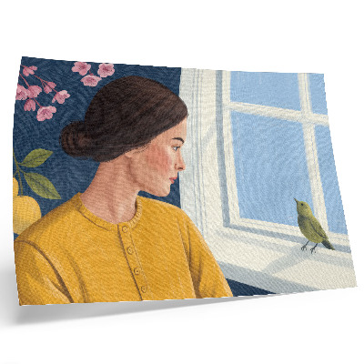 Poster Mulher de camisa amarela com um pássaro no parapeito da janela.