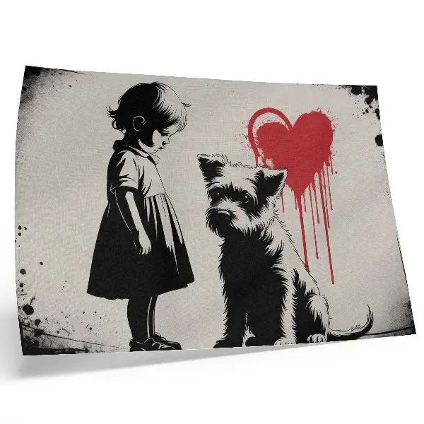 Poster menina monocromática com cachorro e coração