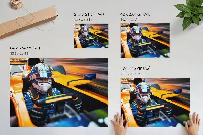 Pôster mural de um piloto em um carro de corrida com velocidade e energia