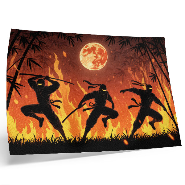 Poster para a sala Cena noturna vibrante com ninjas e chamas.