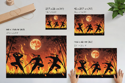 Poster para a sala Cena noturna vibrante com ninjas e chamas.