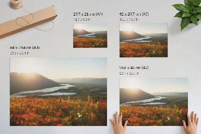 Poster Flores, montanhas, rio, pôr do sol, atmosfera tranquila.