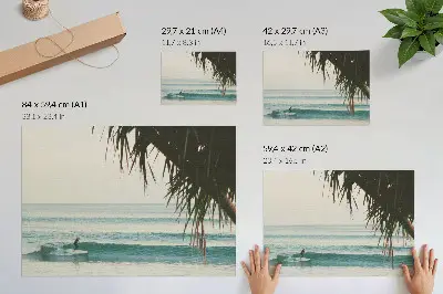 Pôster mural ondas de surfe na praia com palmeiras e natureza