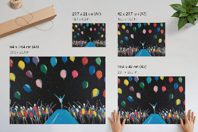 Poster Balões coloridos contrastando com o céu negro.