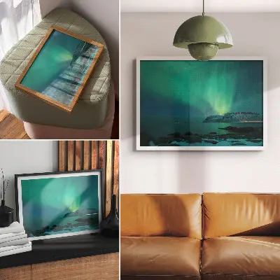 Poster em tela aurora verde com luzes cintilantes sobre superfície calma