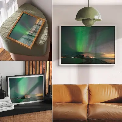 Poster para sala aurora boreal sobre paisagem montanhosa fria