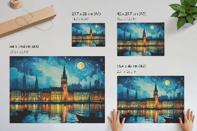 Poster em tela Reflexos noturnos da cidade, brilho da lâmpada de água