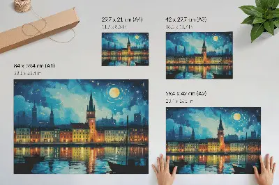 Poster em tela reflexos noturnos da cidade com brilho na água