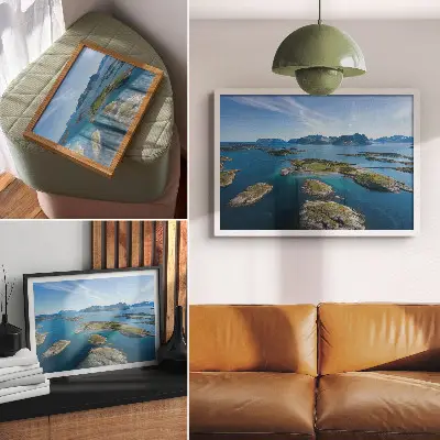 Poster para sala com ilhas, montanhas, céu azul e vegetação verde