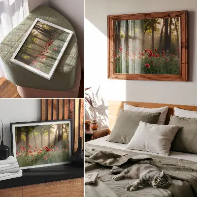 Poster em tela papoulas vermelhas em floresta com raios de sol