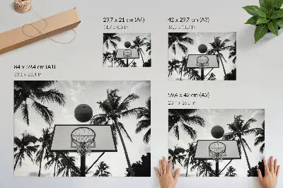 Poster em tela cesta de basquete entre palmeiras em fundo preto e branco