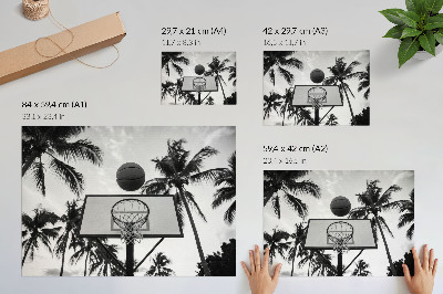 Poster em tela Cesta de basquete entre palmeiras em um fundo preto e branco.