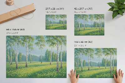 Poster para a sala Majestosas bétulas, flores verdes do prado