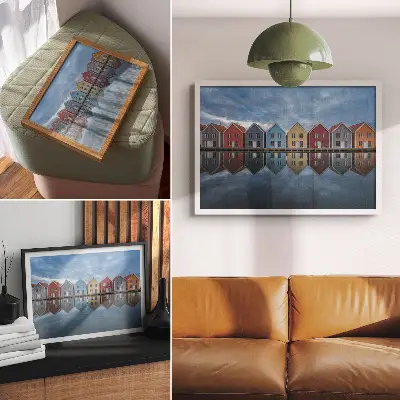 Poster para sala casas coloridas com simetria em estilo moderno