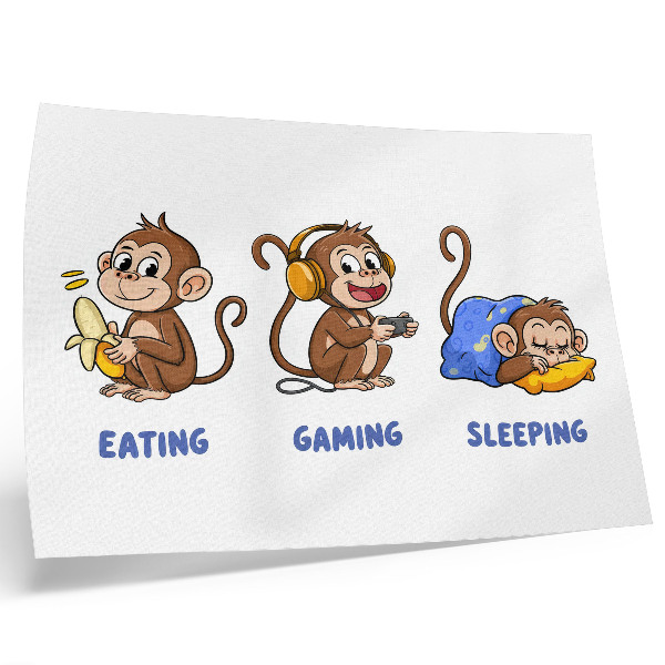 Poster Ilustrações divertidas de um macaco comendo, brincando e dormindo.
