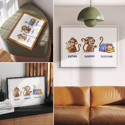 Poster Ilustrações divertidas de um macaco comendo, brincando e dormindo.
