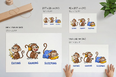Poster Ilustrações divertidas de um macaco comendo, brincando e dormindo.