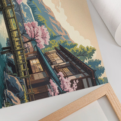 Poster para a sala Paisagem com arquitetura japonesa e cerejeiras.