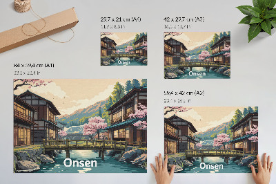 Poster para a sala Paisagem com arquitetura japonesa e cerejeiras.