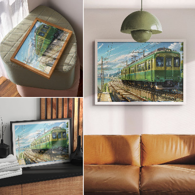 Poster mural Ilustração de um trem em uma paisagem litorânea.