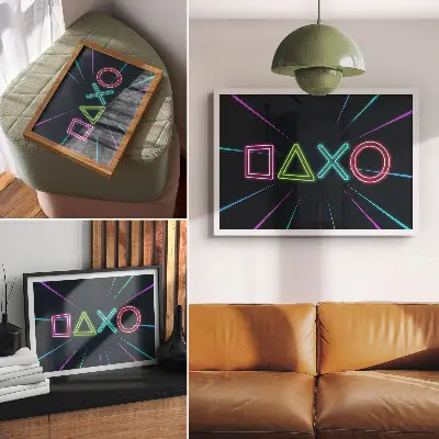 Poster em tela com formas neon, cores vibrantes e estilo futurista