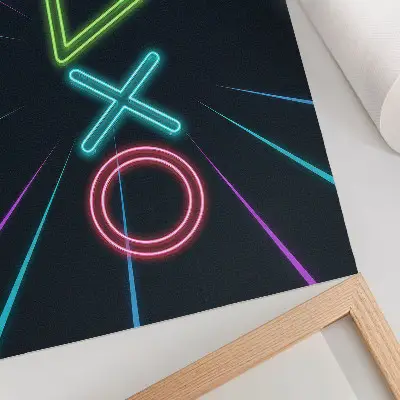 Poster em tela com formas neon, cores vibrantes e estilo futurista