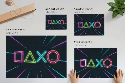 Poster em tela com formas neon, cores vibrantes e estilo futurista