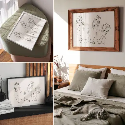 Poster para sala linhas em preto e branco com delicadas figuras íntimas