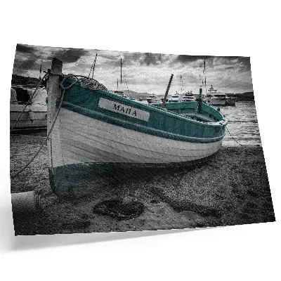 Pôster barco na praia com tema de paz, sonho e aventura