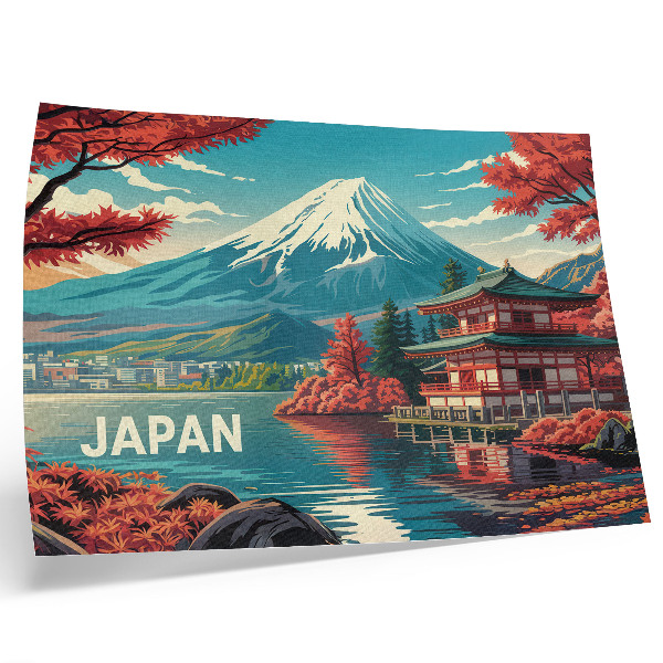 Poster para a sala Paisagem japonesa repleta de cores, lago e montanha.