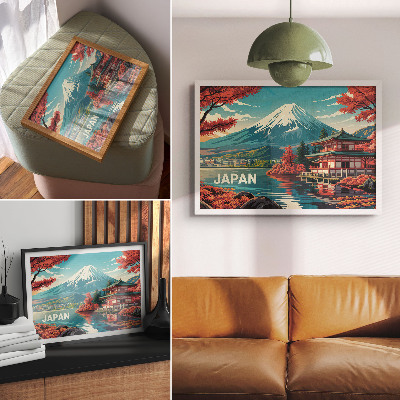 Poster para a sala Paisagem japonesa repleta de cores, lago e montanha.