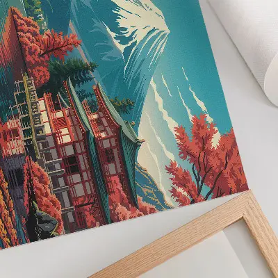 Poster para sala paisagem japonesa repleta de cores com lago e montanha