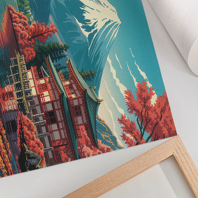 Poster para a sala Paisagem japonesa repleta de cores, lago e montanha.