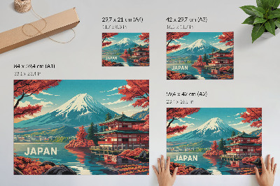 Poster para a sala Paisagem japonesa repleta de cores, lago e montanha.