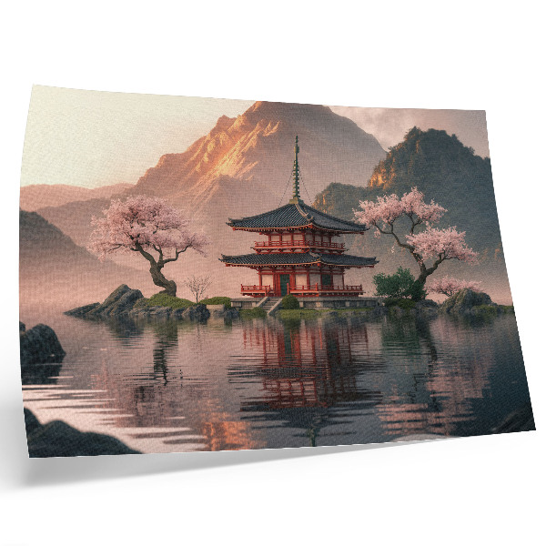 Poster para a sala edifício oriental montanhas lago cerejas harmonia