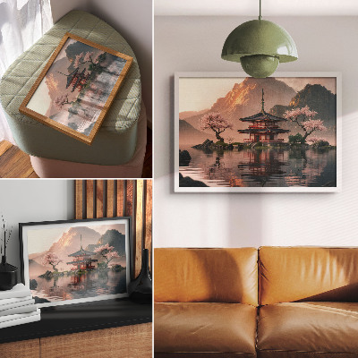Poster para a sala edifício oriental montanhas lago cerejas harmonia
