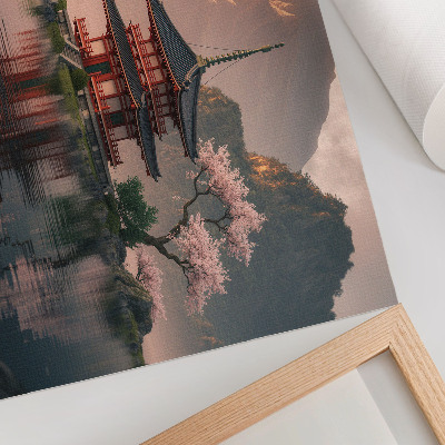 Poster para a sala edifício oriental montanhas lago cerejas harmonia