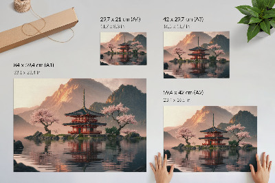 Poster para a sala edifício oriental montanhas lago cerejas harmonia