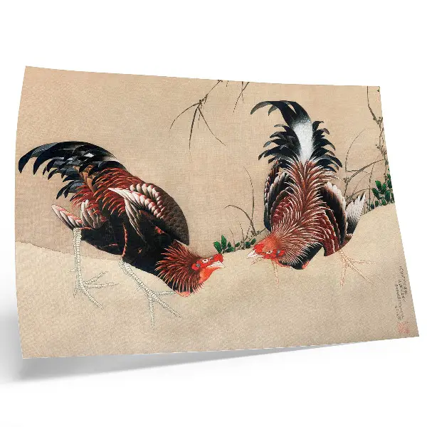 Pôster em tela pintura Galos de Katsushika Hokusai (1838)