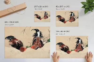 Pôster em tela pintura Galos de Katsushika Hokusai (1838)