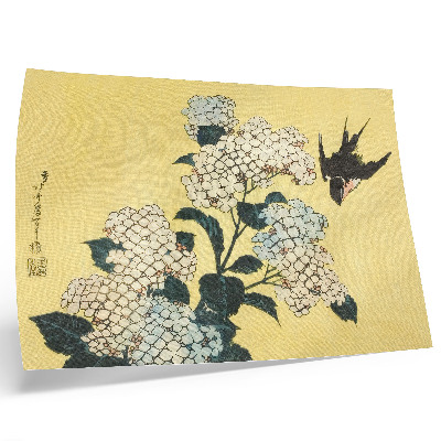 Poster para a sala Hortênsia e a Andorinha (1833) – uma xilogravura colorida de Hokusai