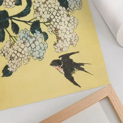 Pôster para sala Hortênsia e a Andorinha uma xilogravura colorida de Hokusai 1833