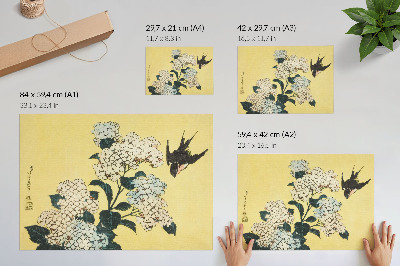 Poster para a sala Hortênsia e a Andorinha (1833) – uma xilogravura colorida de Hokusai