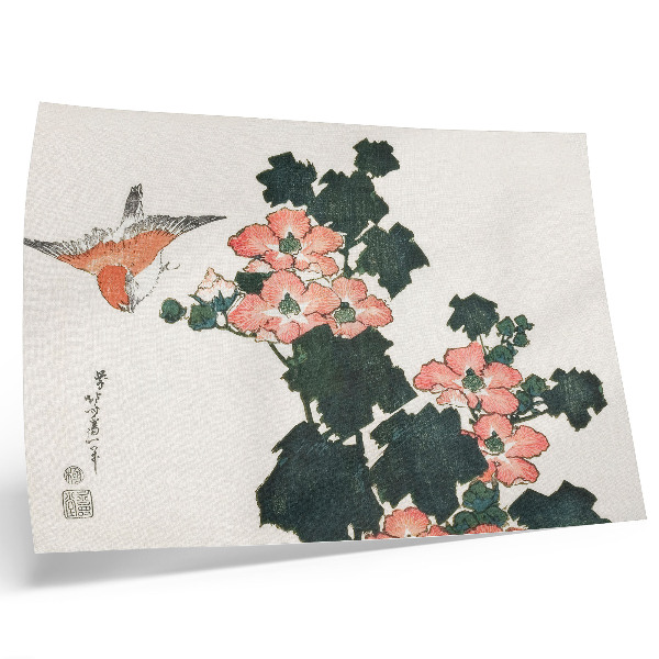 Poster mural Rosas Vermelhas e um Pássaro, de Katsushiki Hokusai (1760–1849), gravura japonesa vintage em madeira.
