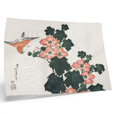 Poster mural Rosas Vermelhas e um Pássaro, de Katsushiki Hokusai (1760–1849), gravura japonesa vintage em madeira.