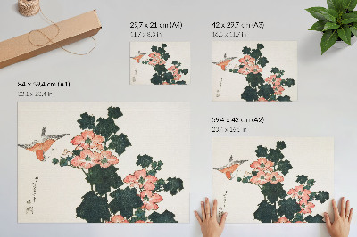 Poster mural Rosas Vermelhas e um Pássaro, de Katsushiki Hokusai (1760–1849), gravura japonesa vintage em madeira.