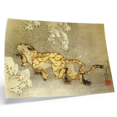 Pôster em tela Katsushika Hokusai tigre na neve, pergaminho suspenso, tinta e cor sobre seda, 1849