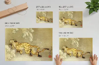Pôster em tela Katsushika Hokusai tigre na neve, pergaminho suspenso, tinta e cor sobre seda, 1849