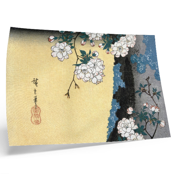 Poster em tela Cerejeiras Japonesas em Flor (1837) – gravura em madeira vintage de Utagawa Hiroshige