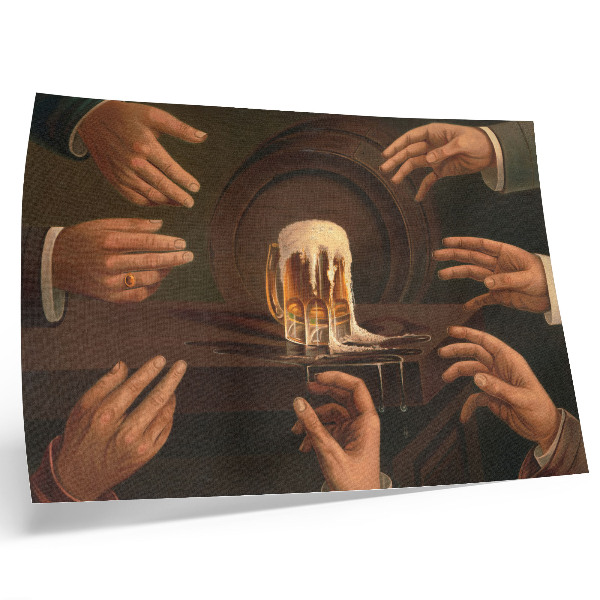 Poster para a sala Sete mãos masculinas em volta de uma caneca de cerveja.